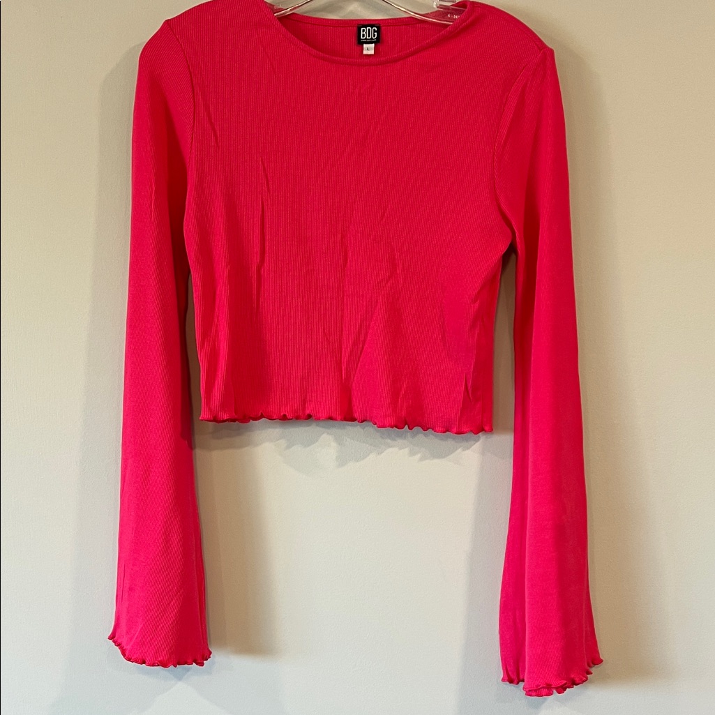 Bdg - Hot Pink/Magenta Long Sleeve Crop Top, L, Bell Sleeve